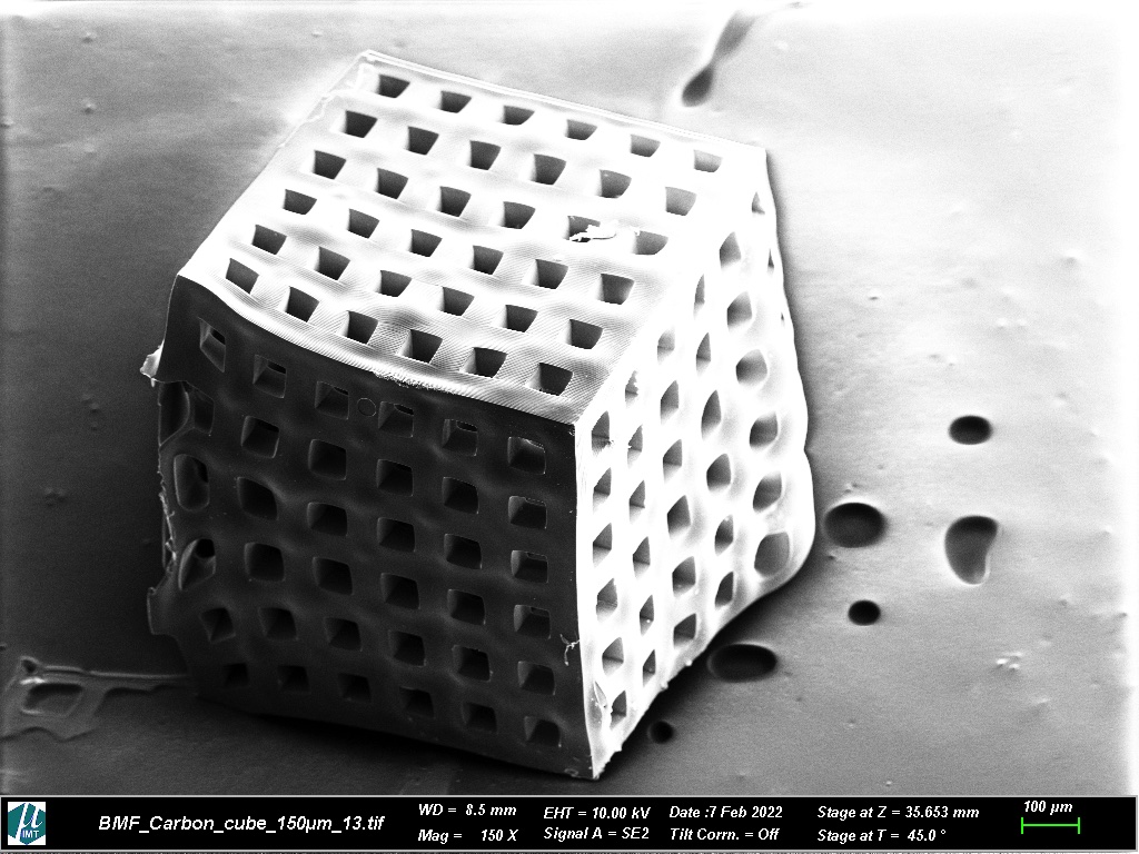 3D-printed carbon microgrid architecture at 150x magnification.