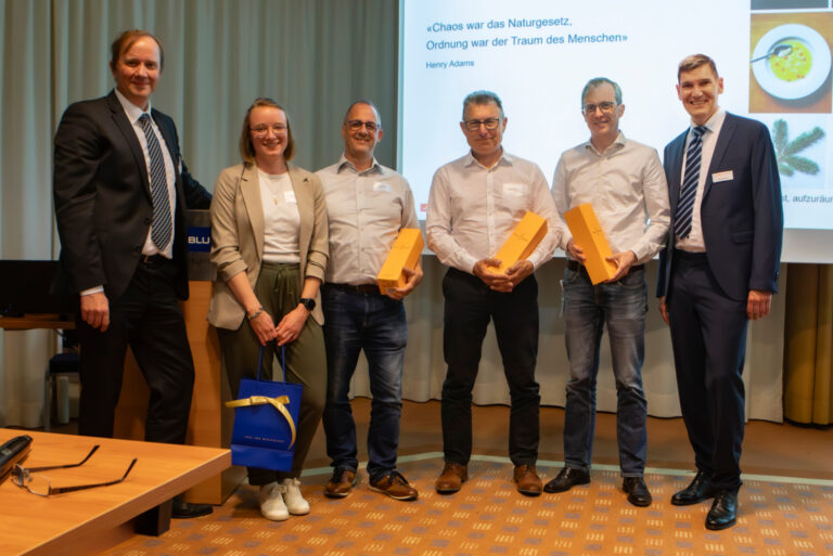 Anwenderforum: vlnr: Dr. Harald Kunze (simus systems), Michèle Guntli, André Bieri (beide Rhätische Bahn), Christian Ritter (Grob), Torsten Milker (Trumpf), Dr. Arno Michelis (simus systems)