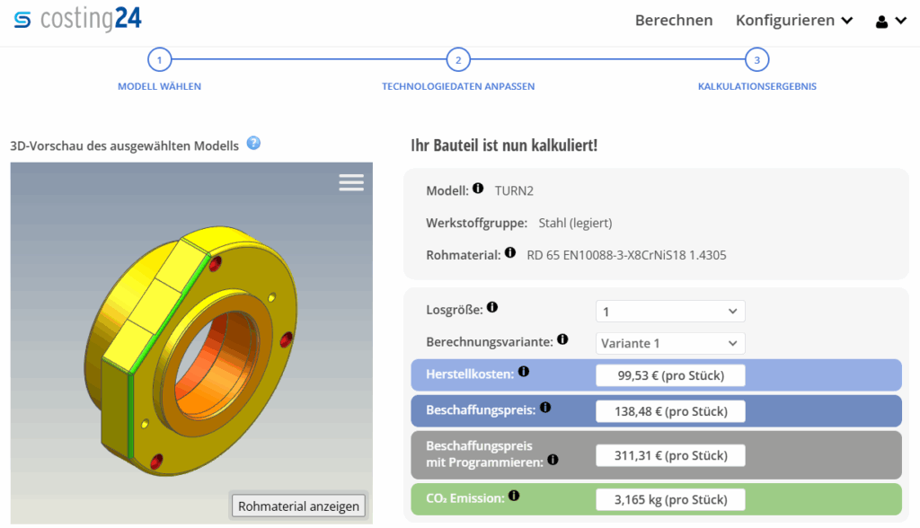 In wenigen Sekunden stellt costing24 Kalkulationen von Dreh-, Fräs-, und Biegeteilen grafisch dar